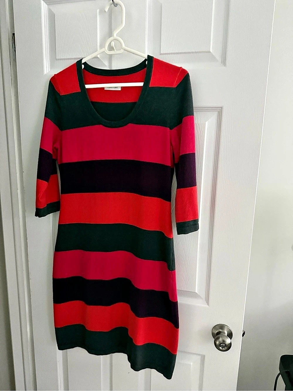 Calvin Klein Striped Sweater Dress in Gray, Fuchsia, Purple & Orange Stripe,